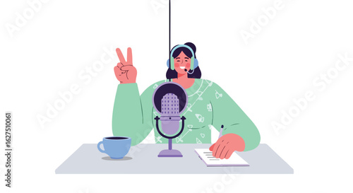 vector of a woman wearing a green sweater recording podcast content