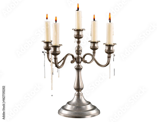 Vintage Silver Candelabra with Wax-Dripped Candles and Slight Angle View, PNG Cutout