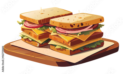 Delicious stacked sandwiches on a wooden board