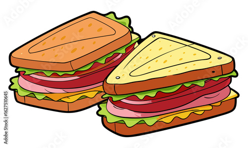 Two deliciously layered sandwiches on a black background