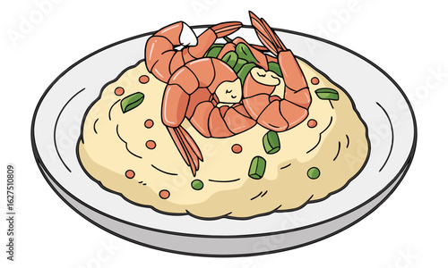 Delicious shrimp and grits cartoon illustration