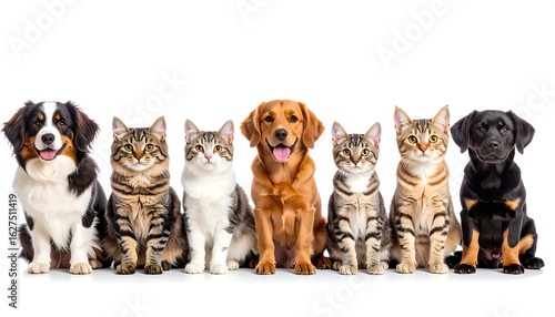 A row of dogs and cats sitting against a white background