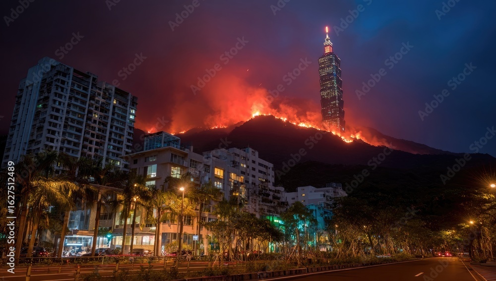 Naklejka premium City skyline at night, wildfire ablaze on mountain