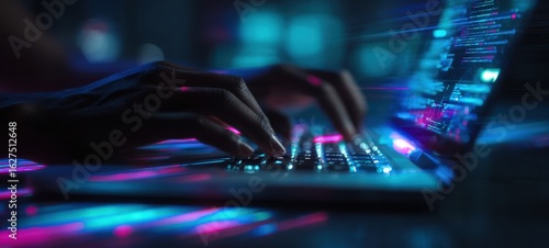 The hands of a programmer typing on a laptop in a colorful digital environment.
