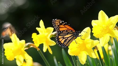 Monarch Butterfly On Vibrant Yellow Daffodils In Natural Outdoor Setting