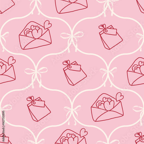 Coquette wedding party crayon seamless pattern. Pink ogee party endless background. Girly festive damask repeat cover. Surface pattern birthday motif. Vector hand drawn illustration.