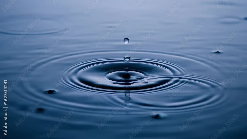 Close Up of Water Droplet Creating Circular Ripples on Blue Water Surface in Still Nature Scene Close Up of Water Droplet Creating Circular Ripples on Blue Water Surface in Still Nature Scene