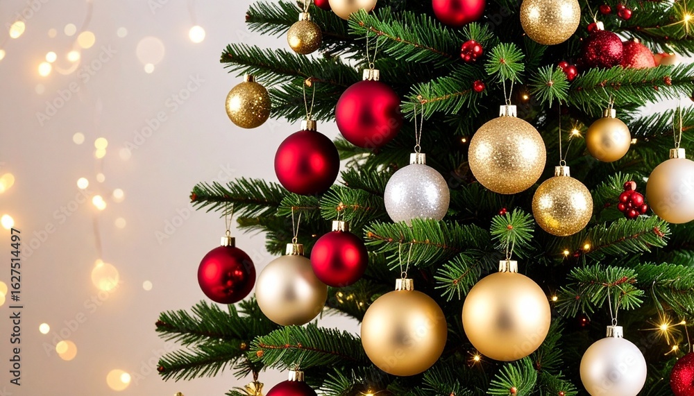 Fototapeta premium Christmas Tree Adorned with Festive Ornaments and Sparkling Lights