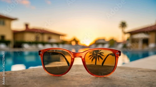 Vibrant orange sunglasses rest on a textured surface, perfectly framing a breathtaking sunset reflection of a palm tree over a tranquil resort pool, evoking vacation bliss and serene summer evenings.