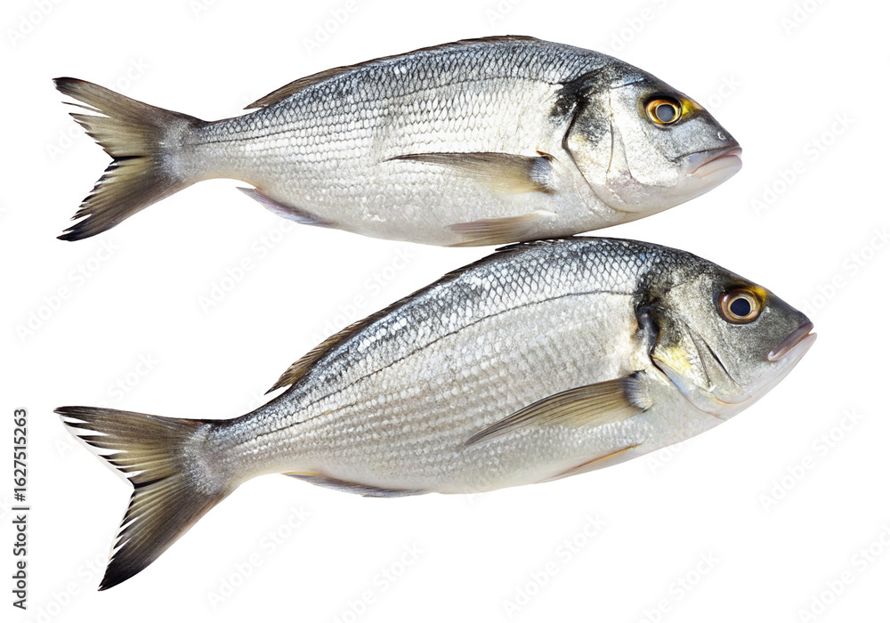 Obraz premium Fresh dorado fish pair isolated on black background for seafood market or culinary presentation