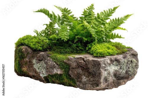 Captivating Stone Garden Ferns and Moss Oasis Miniature Ecosystem Natural Beauty Isolated on Black A
