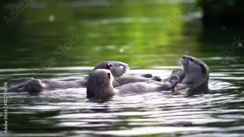 Playful Group of North American River Otters Swimming in Water