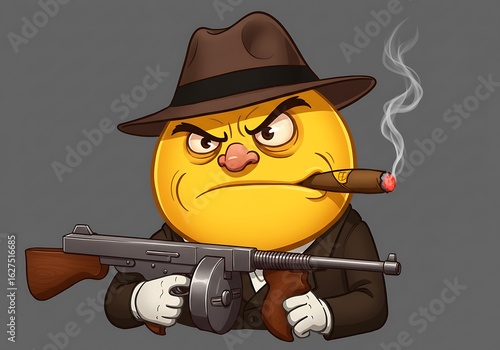 Angry smiley face gangster with tommy gun silhouette