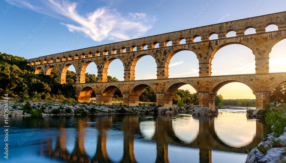 Fototapeta premium Ancient stone bridge over a calm river at sunset