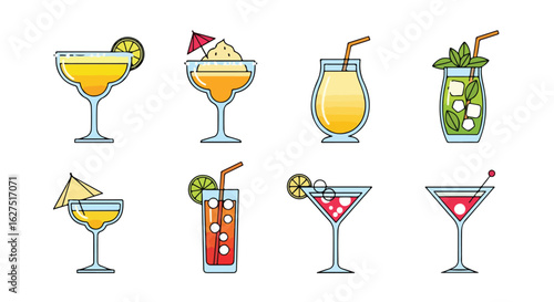 Collection of colorful cocktail illustrations on white background