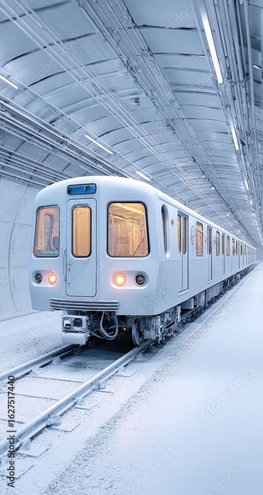 Fototapeta premium White subway train in a snowy tunnel