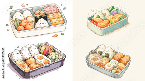 Adorable Japanese bento lunch boxes with cute onigiri characters and delicious side dishes in watercolor hand-drawn style.


