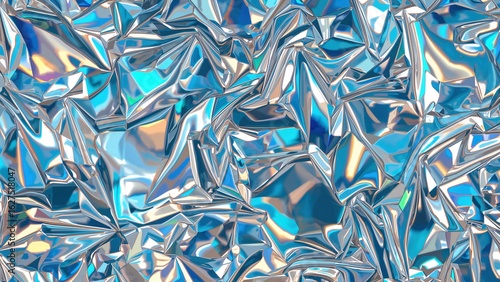 Blue Metallic Foil Texture: Crumpled and Reflective Shiny Surface with Iridescent Colors for Creative and Modern Artistic Design