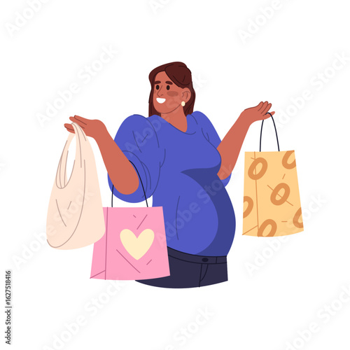Pregnant woman carry shopping bags. Vector maternity shopping or mother retail activity at store. Prenatal preparation for motherhood or parenthood. Expectation mother with baby, child, infant items.