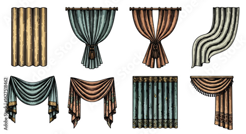 Collection of illustrated curtains in different styles and colors