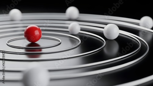 Red Sphere's Orbit: A singular red sphere leads a series of neutral spheres, each tracing a concentric, metallic orbit. A visually striking scene symbolizing leadership.