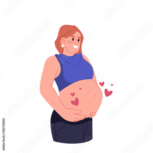 Pregnant woman holding baby bump. Vector future mother in nurturing pose. Female with love and care for unborn baby. Feminine family symbol. New life and lady parenthood. Prenatal child or kid caring.