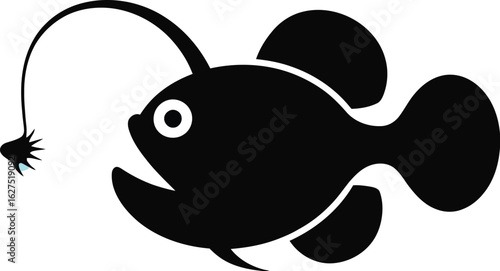 Anglerfish illustration displays a deep sea creature with a bioluminescent lure, rendered in a bold black silhouette, perfect for educational materials or marine life designs.