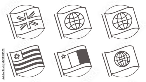 Collection of stylized national and international flags depicted in a simple outline drawing style on white background