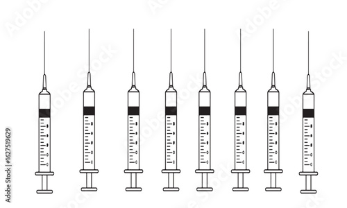 Vaccination Syringes in a Row: A meticulously crafted array of medical syringes, each precisely filled and poised, embodies the essence of preventative healthcare and medical technology.