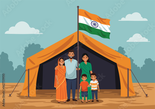 Indian Family in Traditional Clothing Posing in Front of Tent with Flag.