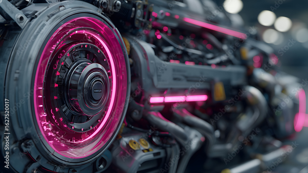 Fototapeta premium Close up Of A Futuristic Engine With Pink Neon Lights