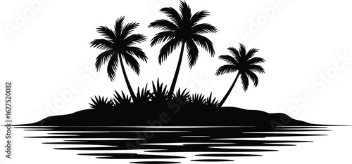 A serene tropical island silhouette showcases three palm trees and lush vegetation, reflected in calm waters, evoking a sense of tranquility and exotic vacation vibes for design projects.