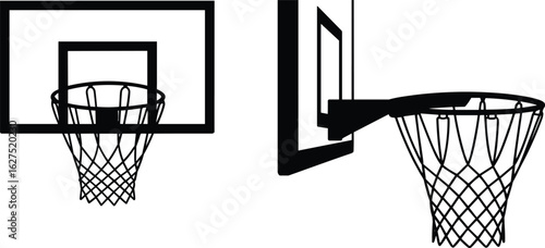 Basketball hoop front and side view, professional backboard illustration, black silhouette style, minimal vector design, sports equipment icon