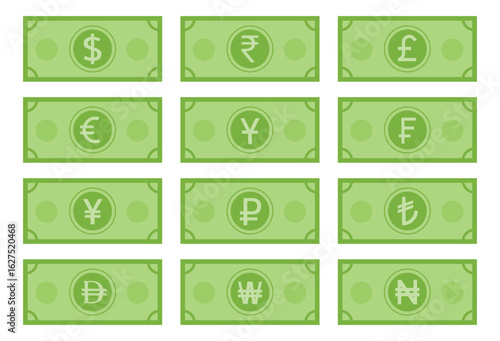 Flat vector illustration of world currency banknotes with dollar, rupee, euro, pound, yen, franc, ruble, lira, won, naira, dong symbols, green money notes for finance, banking, global economy design