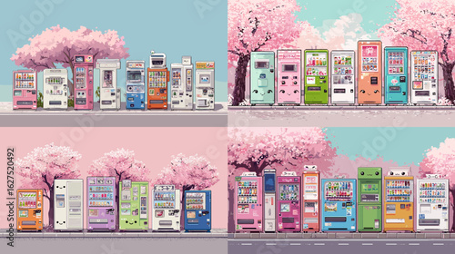 Colorful Japanese vending machines lined under cherry blossom trees, pastel spring vibe with kawaii style on white background.

