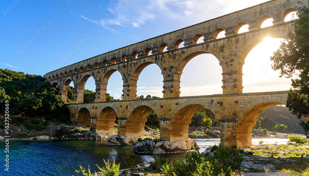 Fototapeta premium Ancient stone bridge over a river on a sunny day
