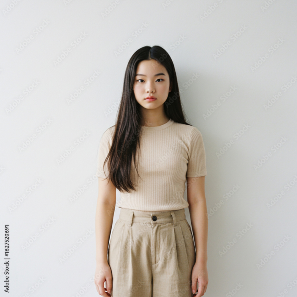 Obraz premium 미니멀 스튜디오의 긴 머리 여성 / Long-Haired Woman in a Minimal Studio