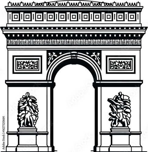 Detailed black and white line art showcases the Arc de Triomphe, a famous Parisian monument, perfect for travel themes, architectural studies, or historical illustrations with its iconic design.
