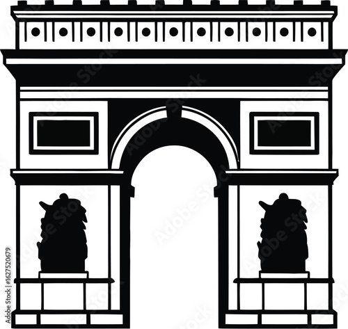 A striking black silhouette showcases the Arc de Triomphe, a famous Parisian landmark, rendered in a minimalist style perfect for travel themes, architectural studies, or cultural representations.