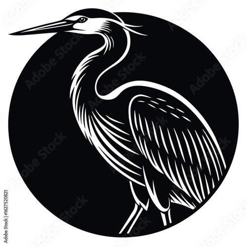 Black and white vector silhouette of a heron in a circle bird graphic