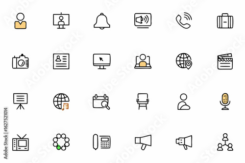 A clean one-line vector set depicting modern media and newsrooms — perfect for app UI, magazine layouts, and media branding.