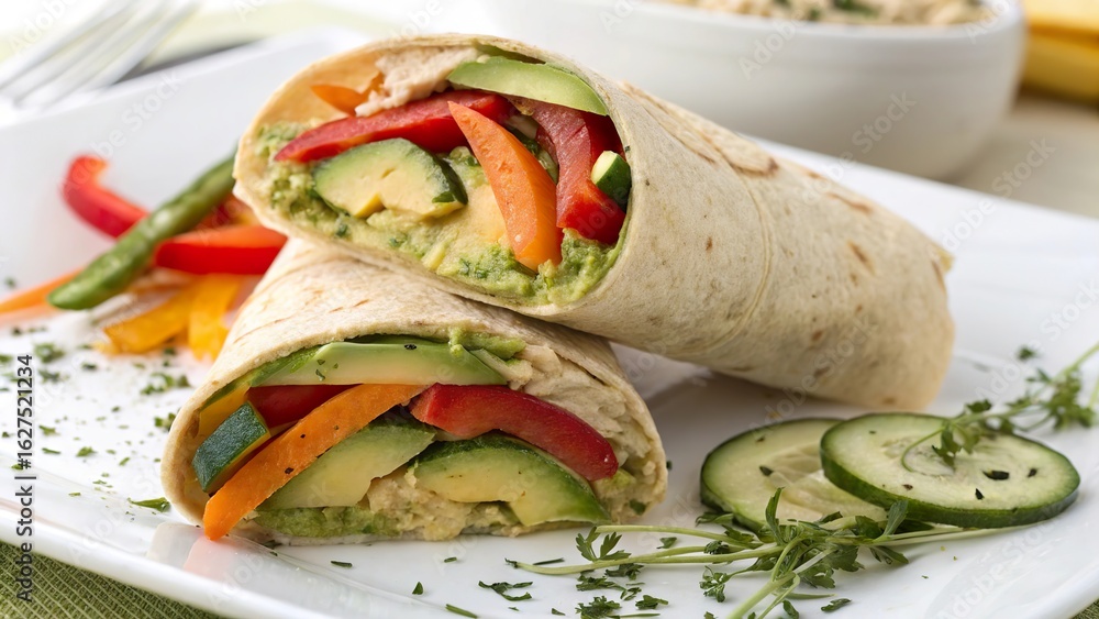 Colorful veggie wrap filled with creamy hummus and ripe avocado served on a ceramic plate for a vibrant lunchtime experience Colorful veggie wrap filled with creamy hummus and ripe avocado served on a ceramic plate for a vibrant lunchtime experience