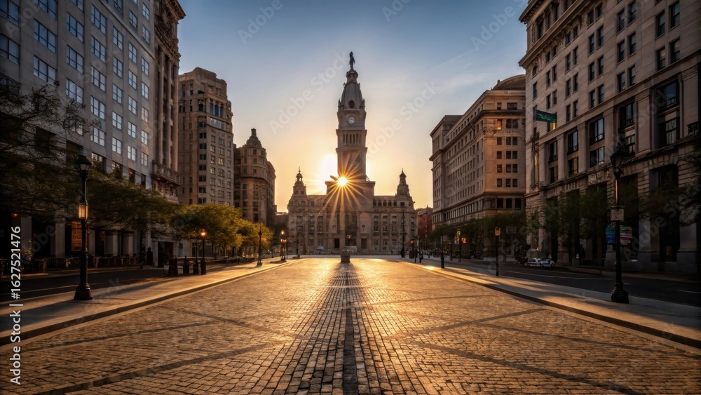 Fototapeta premium Historic european city street at sunrise with tall tower