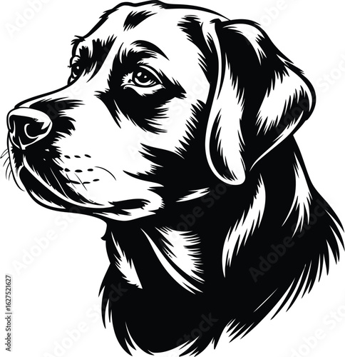 A striking black and white illustration showcases the noble profile of a Labrador Retriever, emphasizing its intelligent eyes and distinctive features in a clean, modern style.