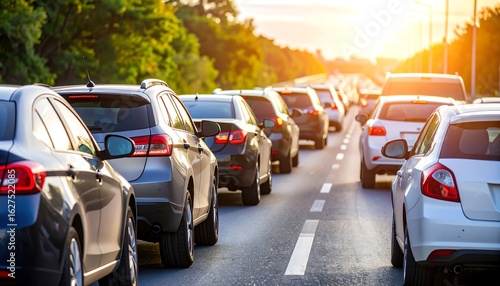Traffic jam on a highway at sunset