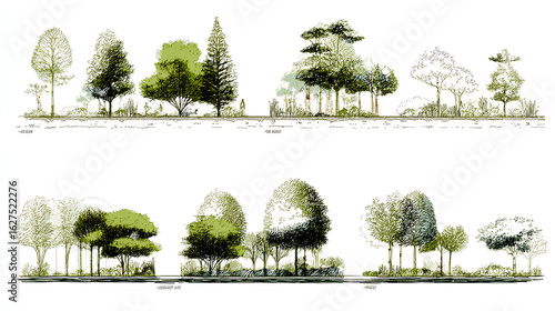 Architectural Drawings, Minimal style cad tree line drawing, Side view, set of section wildlife forest outline symbol for landscape design drawing. Vector illustration in stroke fill in white.
