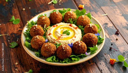 Traditional Middle Eastern falafel and hummus platter garnished with fresh greens and spices.