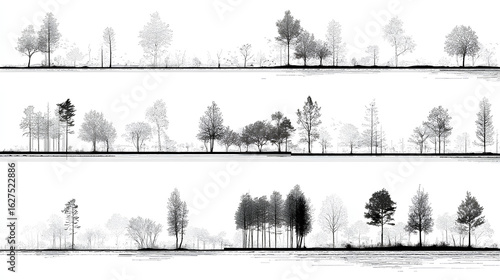 Architectural Drawings, Minimal style cad tree line drawing, Side view, set of section wildlife forest outline symbol for landscape design drawing. Vector illustration in stroke fill in white.
