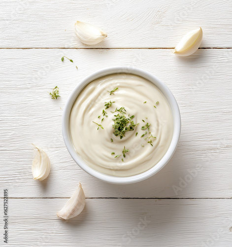 Creamy garlic aioli sauce with thyme in bowl on white wooden table