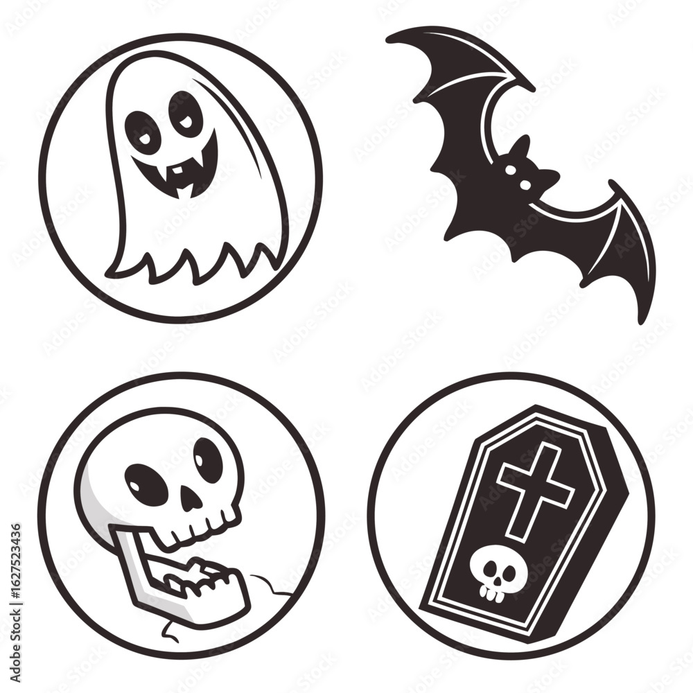 Fototapeta premium Spooky halloween icons a ghost bat skeleton and coffin perfect for festive decorations and designs